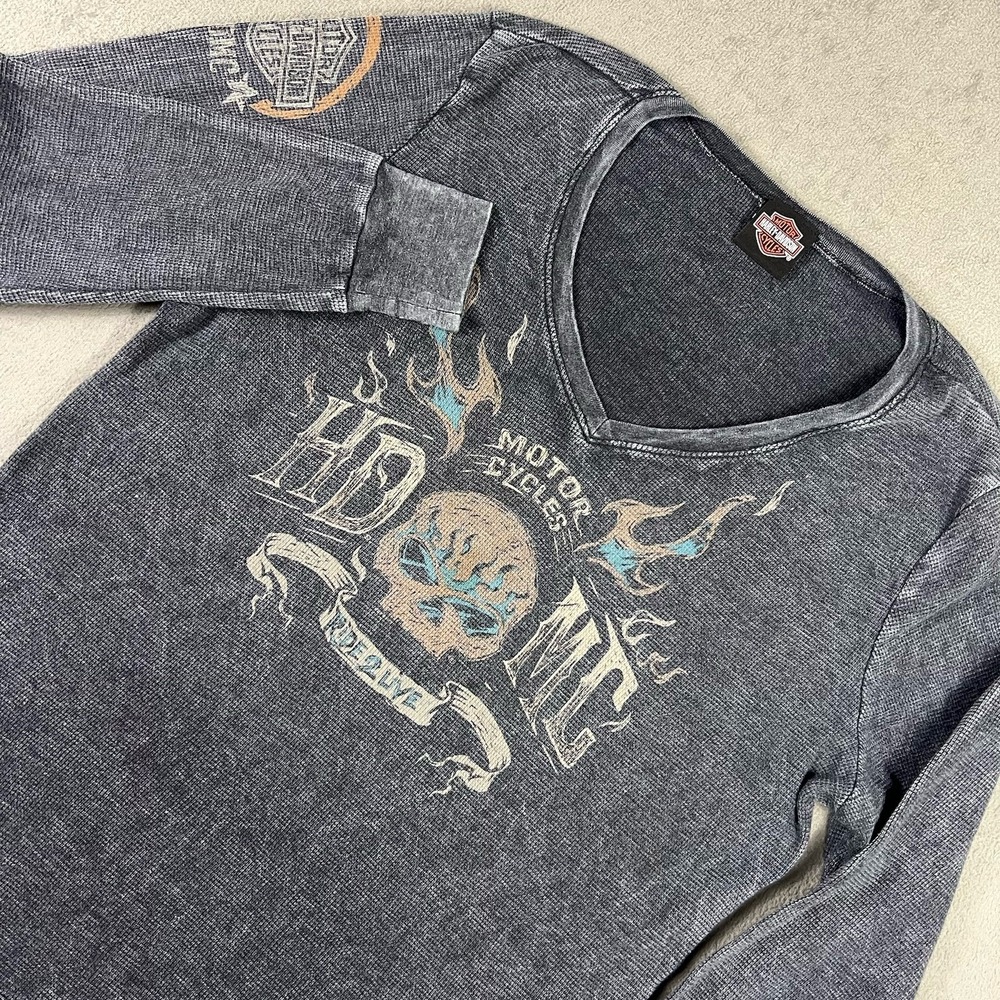 Women Harley-Davidson XL Daytona Beach FL Gray V-Neck Long Sleeve Graphic Shirt